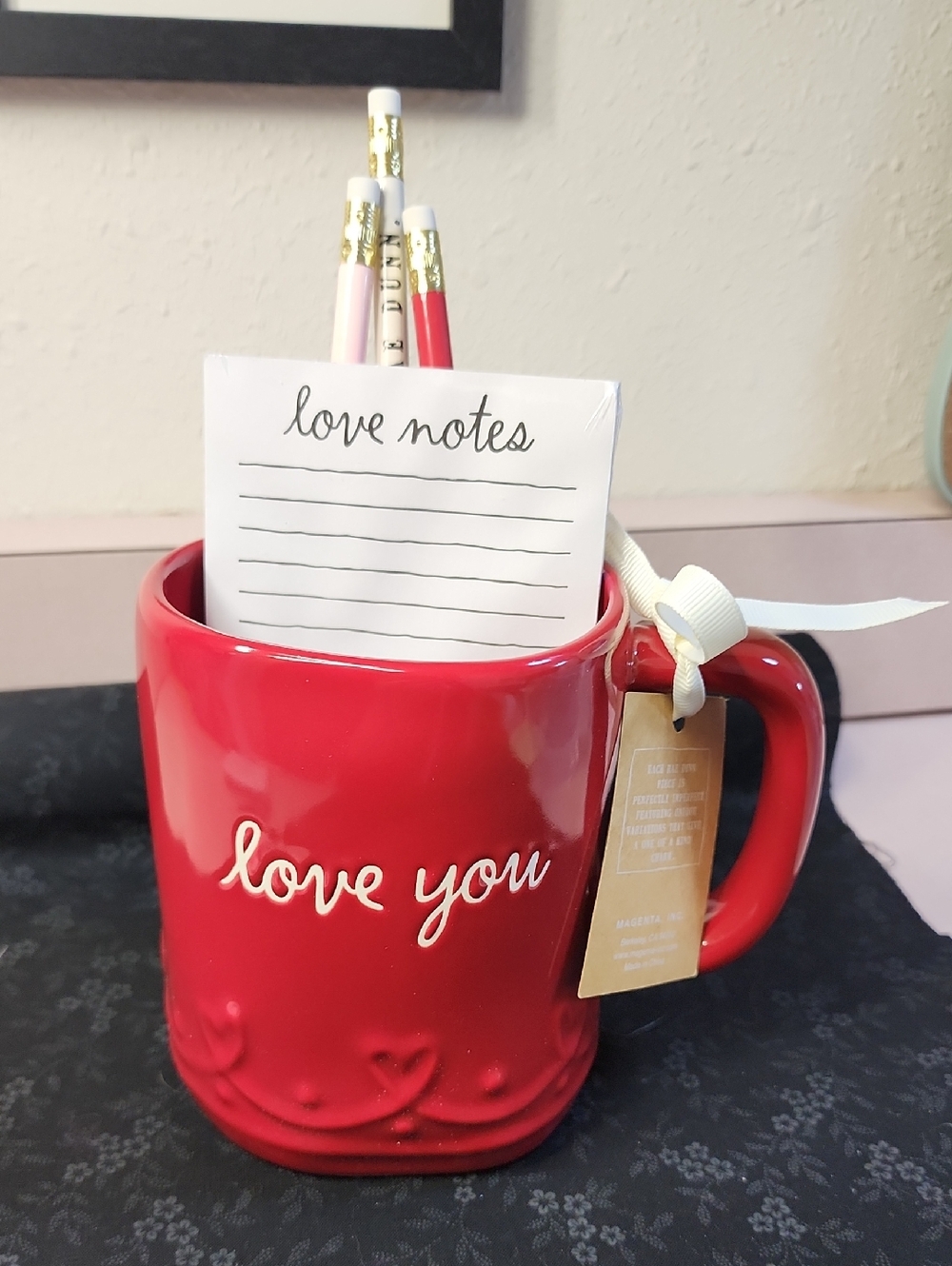 Rae Dunn " Love You" Ceramic Mug With Noteoad A 3 Pencils